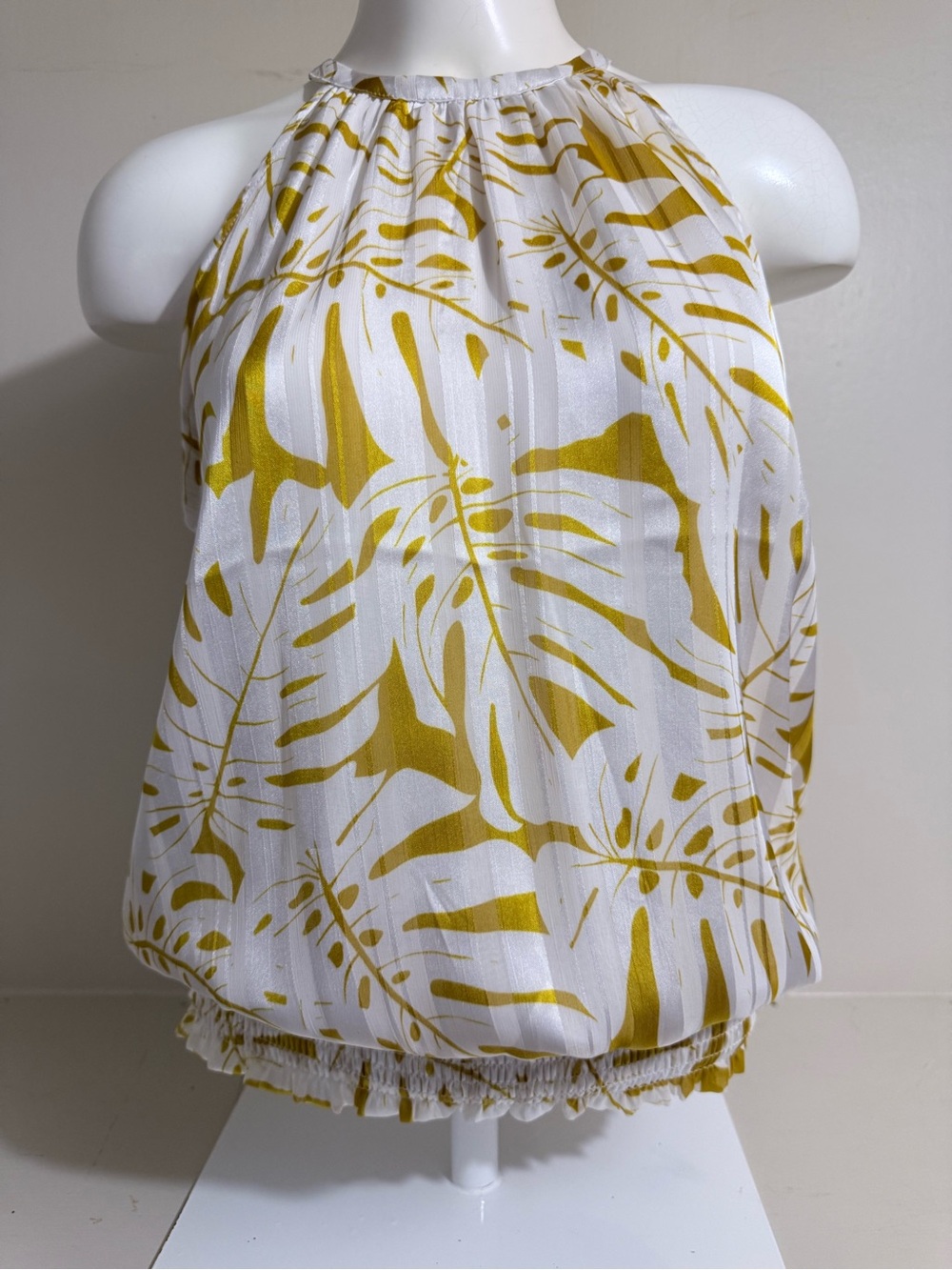 Jolie Halter Blouson Camisole in Mustard and White Leaf Print